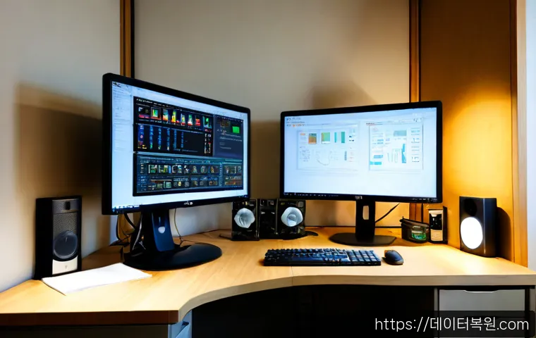 견지동 STATUS_KERNEL_MODULE_FAILURE - Photorealistic IT support workstation in a compact Insadong-area office, dual monitors showing abstr...