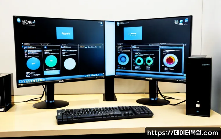 쌍림동 STATUS_KERNEL_POWER_FAILURE - Photorealistic IT support workstation in Ssangnim-dong, Seoul, dual-monitor desktop setup with one m...