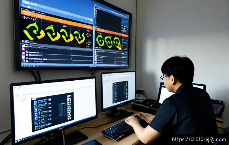 동산동 STATUS_KERNEL_BLOCKED - Photorealistic IT support workstation in a compact Dongsan-dong office, technician viewing a dark sy...