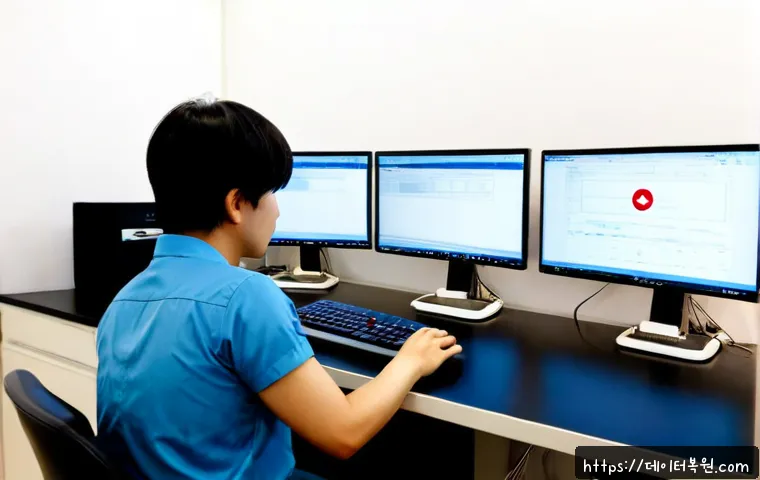 내수동 VENDOR_DEFINED_ERROR - Photorealistic IT support workstation in a quiet central Seoul office, ultrawide monitor showing a b...