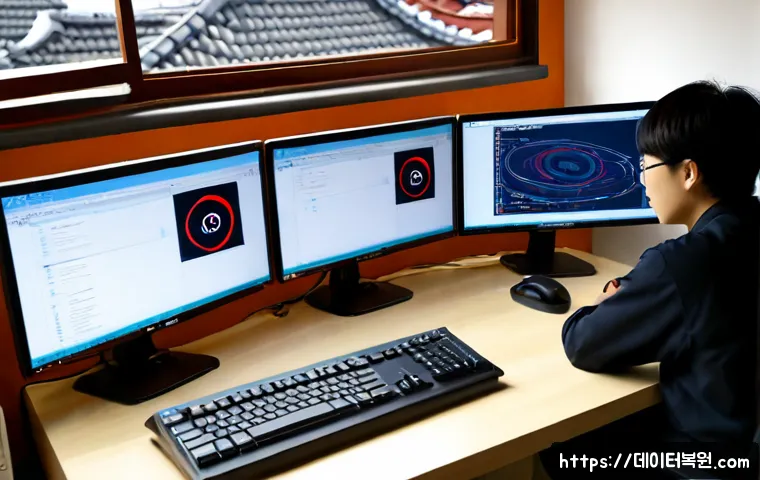권농동 악성코드 바이러스 - Photorealistic cybersecurity support workstation in a quiet Korean home office near traditional tile...