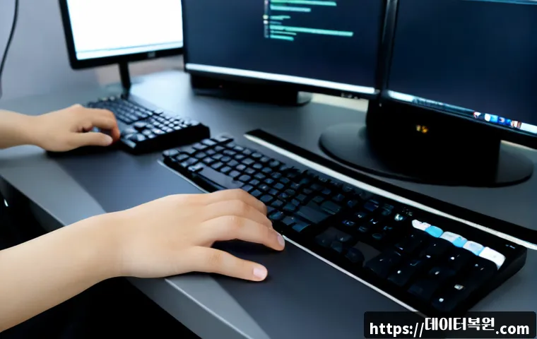 원남동 f4키 누르라고 할때 - Photorealistic remote-support workstation in a compact Wonam-dong office, technician pressing an unl...