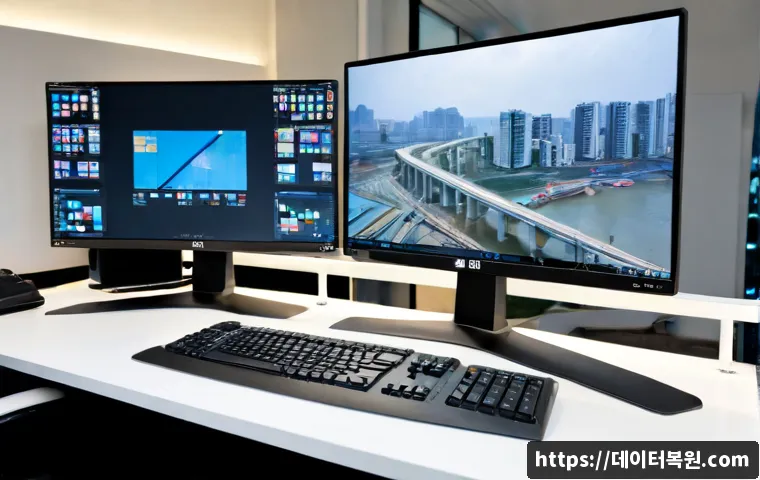 마포구 POOL_CORRUPTION_IN_FILE_AREA - Photorealistic IT support workstation in Mapo, Seoul, dual monitors showing a textless CAD-style flo...