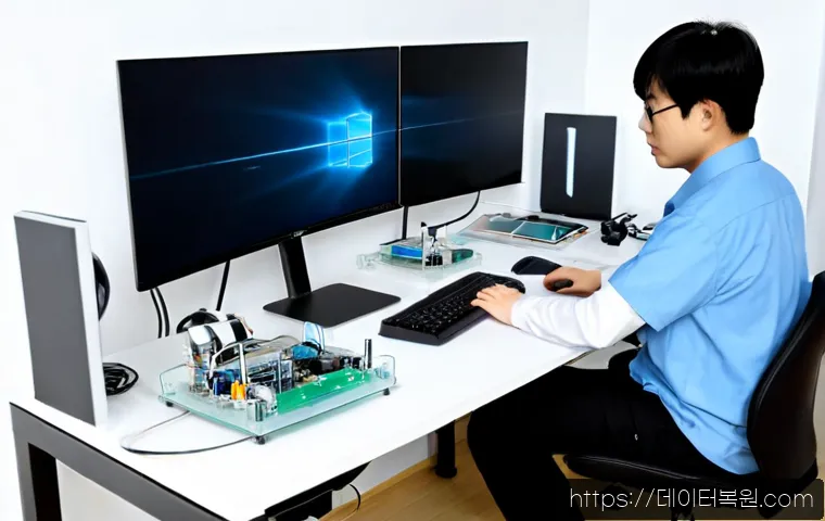강동구 STATUS_INVALID_OBJECT - Photorealistic IT support workstation in a modern Gangdong office near a riverside district, dual mo...