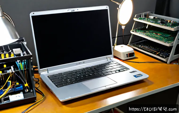 황학동 맥북에어 판매 및 수리 - Photorealistic ultrathin silver laptop repair workstation in Hwanghak-dong, Seoul, opened laptop wit...