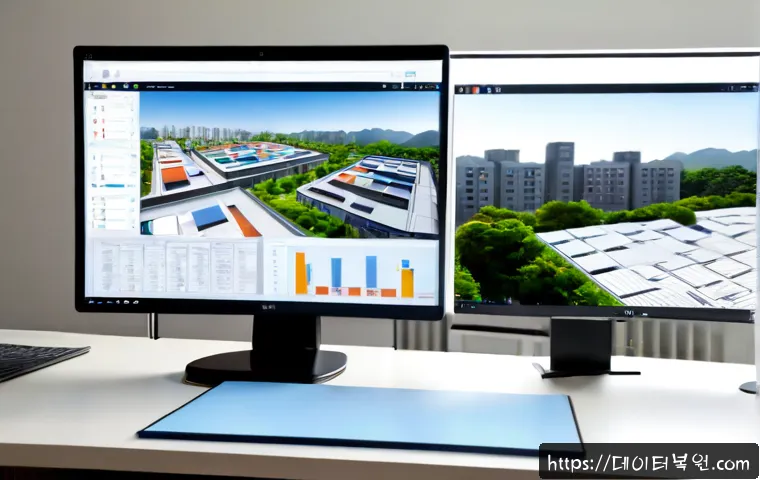 교북동 STATUS_IMAGE_INVALID - Photorealistic architectural visualization workstation in a compact Korean neighborhood office, dual...