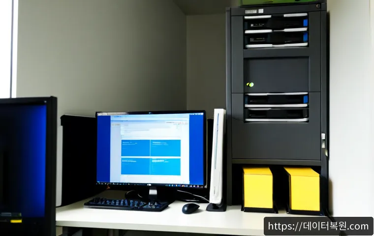 남대문 STATUS_DISK_NOT_INITIALIZED - Photorealistic IT workstation in a compact office near Namdaemun market, dual monitors showing a cle...