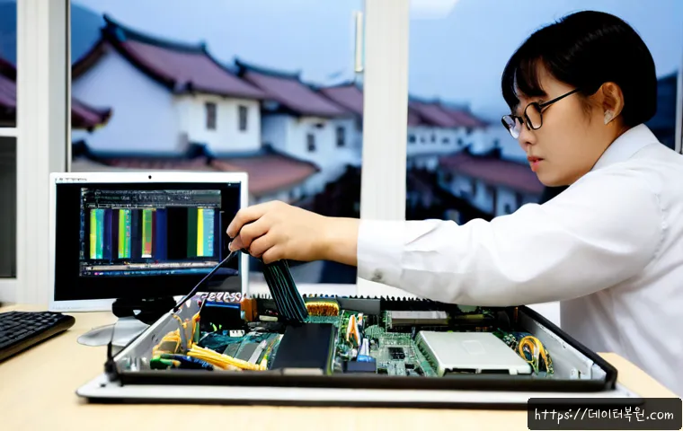 견지동 cpu조립 및 교체수리 - Photorealistic computer repair workstation in a compact Gyeonji-dong office, technician carefully in...