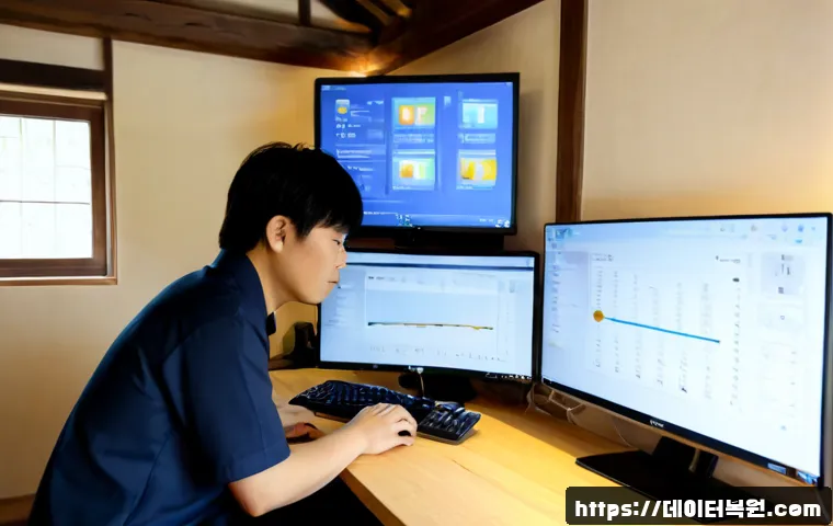 계동 USER_MODE_HEALTH_MONITOR - Photorealistic IT support workstation in a quiet Gyedong-style hanok office, technician viewing a cl...
