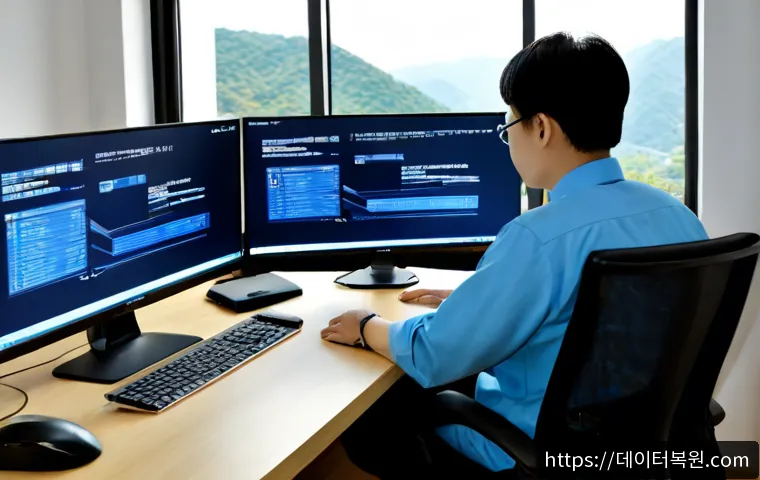 동빙고동 KMODE_EXCEPTION_NOT_HANDLED - Photorealistic IT support workstation in a refined Dongbinggo-dong apartment office, dual monitors s...