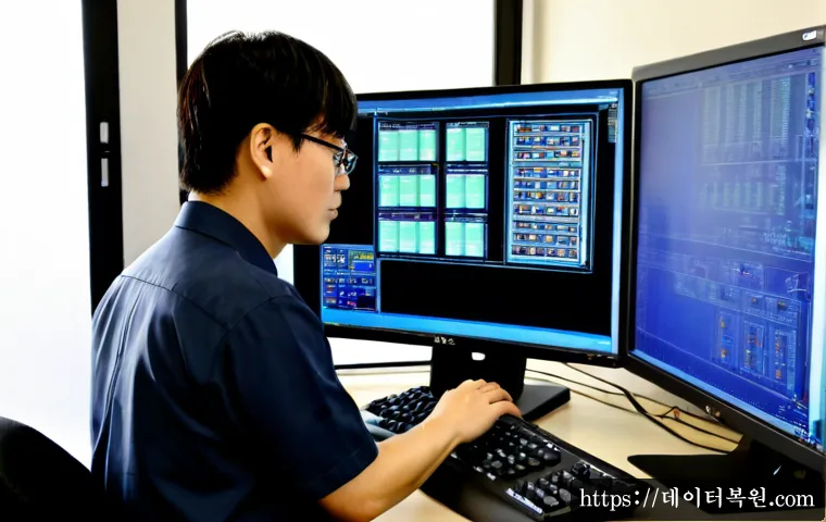남창동 STATUS_KERNEL_MODULE_CORRUPTION - Photorealistic IT support workstation in a compact Namchang-dong office, engineer examining a deskto...