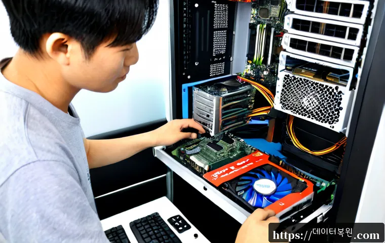 마포동 그래픽카드조립 및 교체수리 - Photorealistic PC repair workstation in Mapo-dong, Seoul, technician carefully installing a powerful...