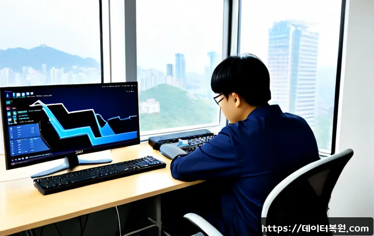 발산동 SYSTEM_SERVICE_EXCEPTION - Photorealistic IT support workstation in a compact Balsan-dong office, dual monitors showing a blank...