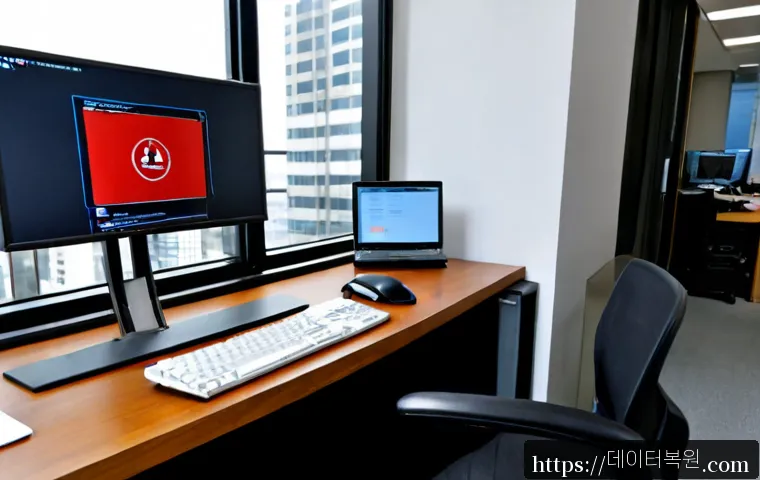 태평로 SYSTEM_LICENSE_VIOLATION - Photorealistic IT support workstation in a high-rise office near a broad historic boulevard, dual mo...