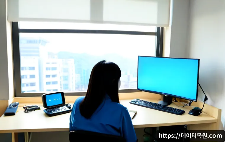 옥천동 CRITICAL_PROCESS_DIED - Photorealistic remote-support workstation in a compact Korean neighborhood office, desktop monitor s...