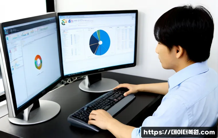 용산동 STATUS_IO_TIMEOUT - Photorealistic IT support workstation in a modern Yongsan-dong office, dual monitors showing a blank...