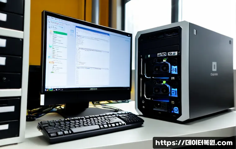 고덕동 공장초기화복구 - Photorealistic IT recovery workstation inside a compact Godeok-dong industrial office, technician re...