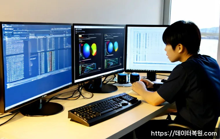 강일동 STATUS_KERNEL_ACCESS_DENIED - Photorealistic IT support workstation in a modern apartment near a quiet riverside district, dual mo...