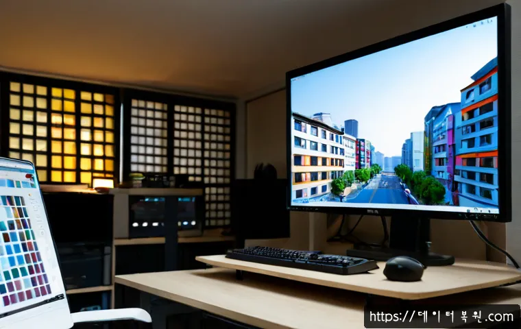 역촌동 STATUS_IMAGE_CORRUPTION - Photorealistic remote-support workstation in a compact Seoul apartment office, dual monitors showing...