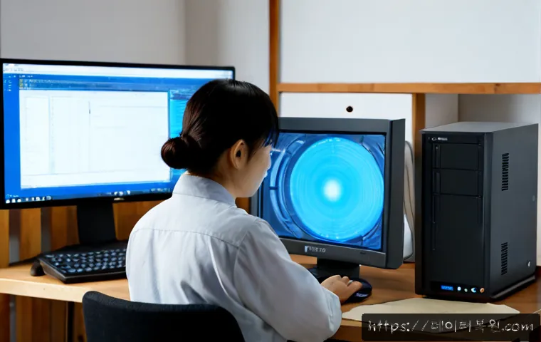 인사동 UNEXPECTED_KERNEL_MODE_TRAP - Photorealistic remote-support workstation in a quiet traditional art district studio, dual monitors ...