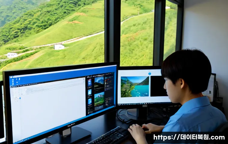 남산동 공장초기화복구 - Photorealistic computer recovery workstation in a compact Namsan-dong electronics office, technician...
