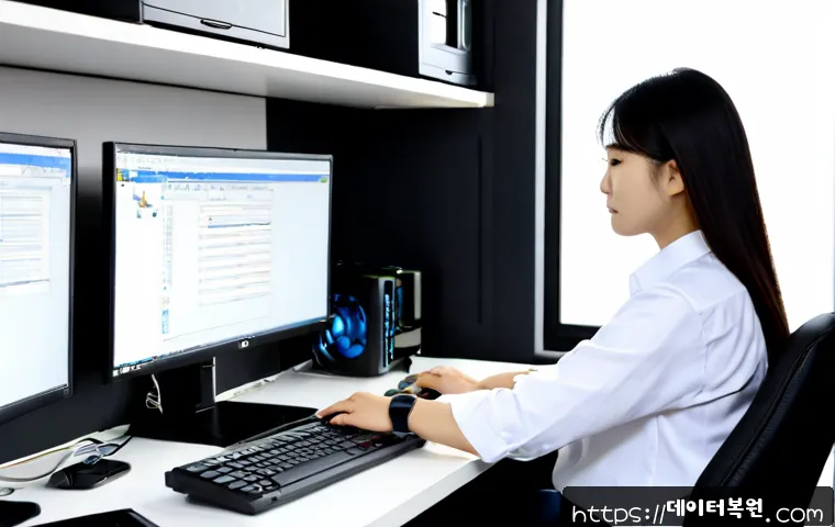 인의동 STATUS_KERNEL_DISK_ERROR - Photorealistic IT support workstation in a compact Inui-dong office, desktop tower opened beside a d...