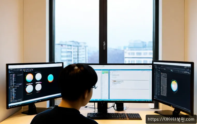 조원동 SOFTWARE_EXCEPTION - Photorealistic software support workstation in a compact Jowon-dong apartment office, dual monitors ...