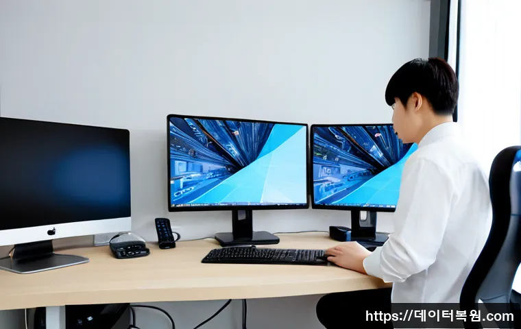 명일동 컴퓨터멈춤 - Photorealistic IT support scene in a compact Myeongil-dong apartment workspace, frozen desktop compu...