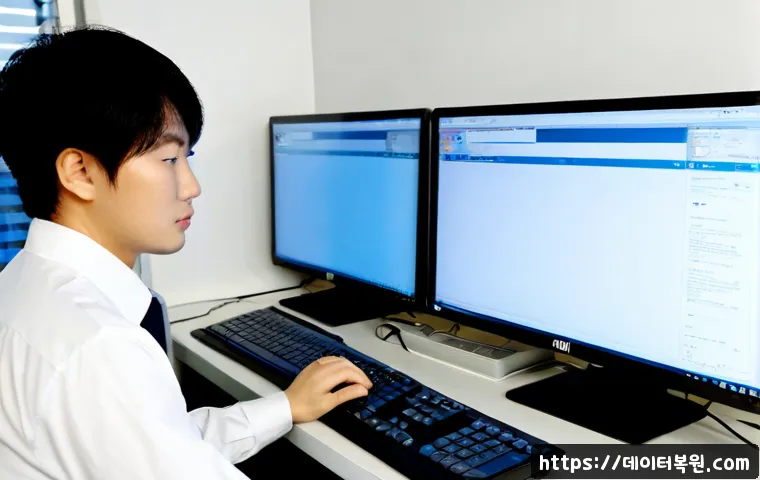 창동 STATUS_INVALID_PAGE - Photorealistic IT support workstation in Changdong, Seoul, dual monitors showing blank white applica...