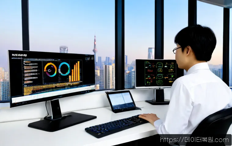 삼성동 MACHINE_CHECK_EXCEPTION - Photorealistic premium workstation in a modern Samsung-dong high-rise office, dual monitors showing ...
