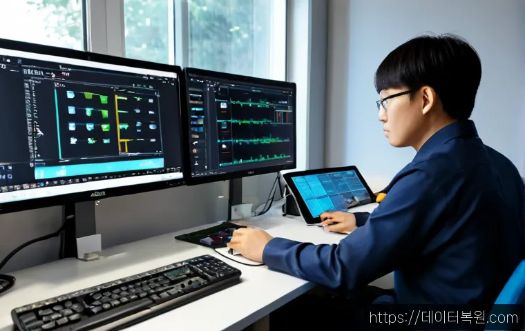 상일동 STATUS_STACK_UNDERFLOW - Photorealistic IT support workstation in Sangil-dong, dual monitors displaying abstract crash diagno...