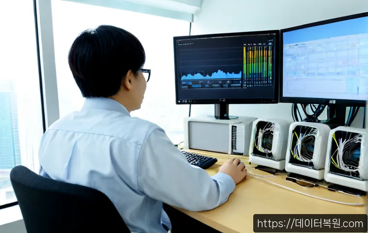 구로동 STATUS_INVALID_DEVICE_REQUEST - Photorealistic IT support workstation in a modern Guro-dong office tower, dual monitors showing abst...