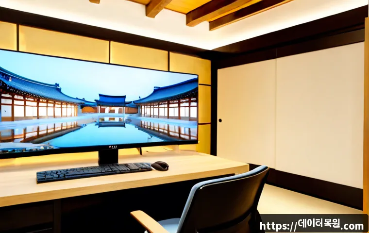 안국동 STATUS_KERNEL_POWER_FAILURE - Photorealistic IT support workstation in a refined Anguk-dong hanok-inspired office, dual monitors s...