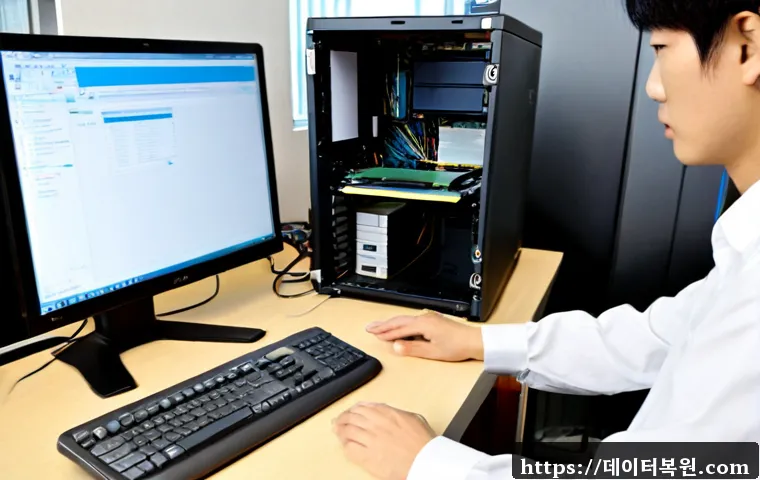 백석동 pc복구중 - Photorealistic computer repair workstation in a compact Baekseok-dong office, technician recovering ...