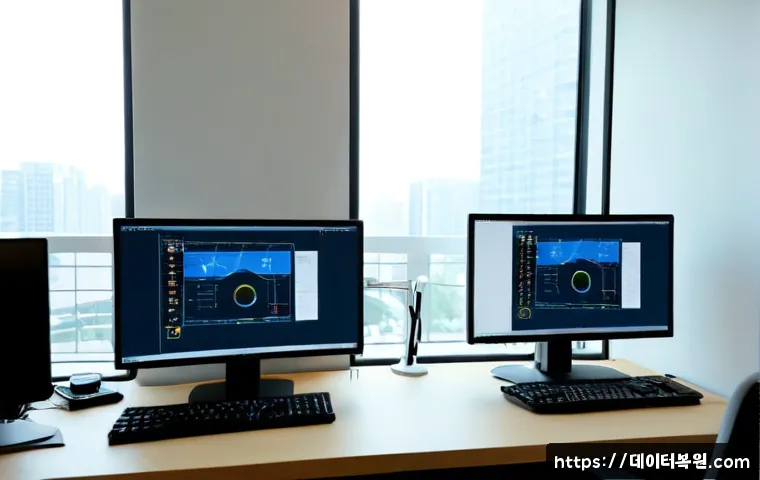서초구 STATUS_RESOURCE_NOT_OWNED - Photorealistic IT support workstation in a modern Seocho office, dual monitors showing abstract CAD ...