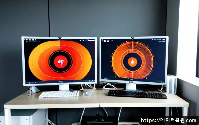 견지동 ATTEMPTED_EXECUTE_OF_NOEXECUTE_MEMORY - Photorealistic IT support workstation in a compact Jongno district office, dual monitors showing a s...