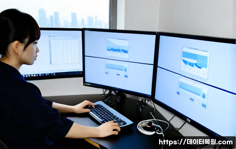 길동 STATUS_KERNEL_HANDLE_INVALID - Photorealistic IT support workstation in a compact Gildong office, dual monitors showing a frozen ab...