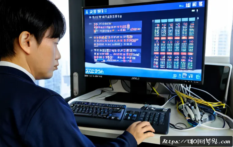 면목동 STATUS_KERNEL_THREAD_TIMEOUT - Photorealistic IT support workstation in a compact Myeonmok-dong apartment office, dual monitors fro...