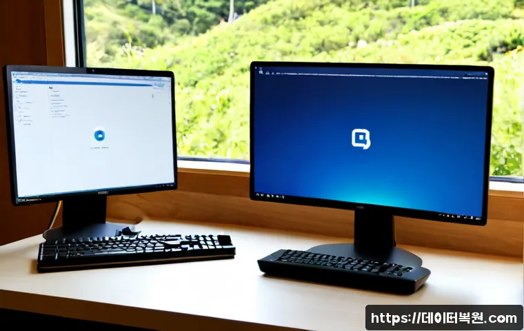 신영동 STATUS_PRIVILEGED_INSTRUCTION - Photorealistic remote-support workstation in a quiet hillside home office, dual monitors showing an ...