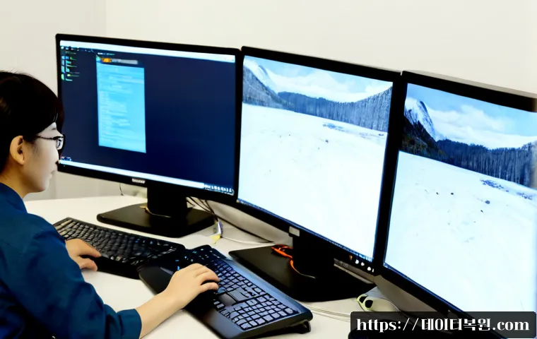 양평동 STATUS_STACK_BUFFER_OVERRUN - Photorealistic IT support workstation in a compact Yeongdeungpo office, dual monitors showing a non-...