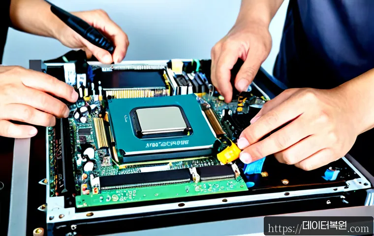 합동 cpu조립 및 교체수리 - Photorealistic computer repair workshop, two technicians jointly installing a new CPU into an open d...
