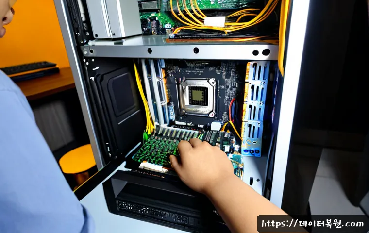 삼각동 메인보드조립 및 교체수리 - Photorealistic computer repair workstation in Samgak-dong, technician carefully installing a new mot...