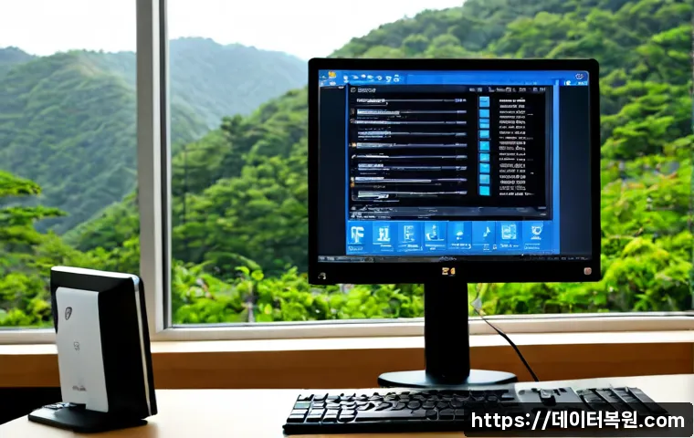 원지동 a disk read error occurred - Photorealistic IT support workstation in a quiet Wonji-dong office, desktop monitor showing a blank ...