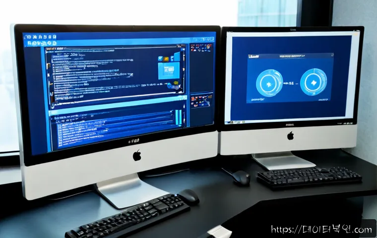 고척동 IO1_INITIALIZATION_FAILED - Photorealistic IT support workstation in a compact Gocheok-dong office, dual monitors showing a nonv...
