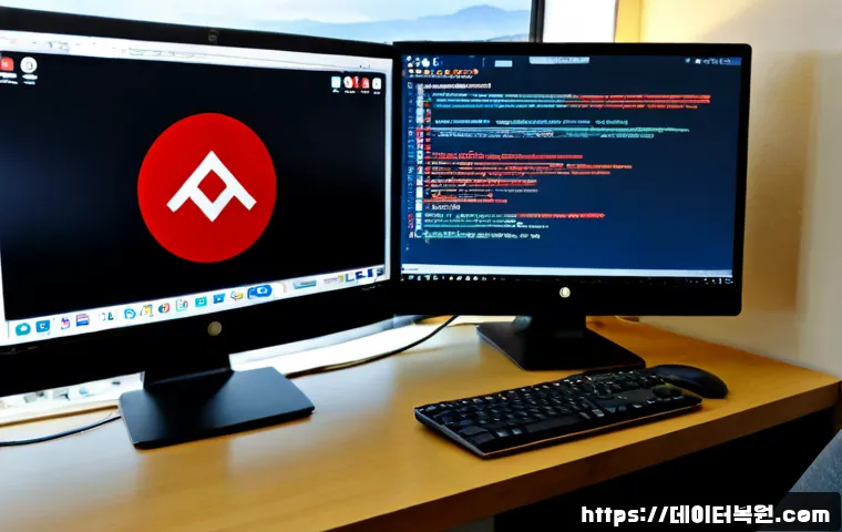 행운동 STATUS_IMAGE_CHECKSUM_MISMATCH - Photorealistic IT support workstation in a compact apartment office, dual monitors showing a generic...