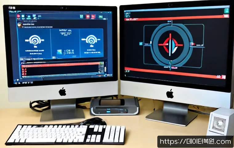 왕십리 STATUS_NETWORK_ACCESS_DENIED - Photorealistic IT support workstation in Wangsimni, Seoul, dual monitors showing a clean unlabeled n...