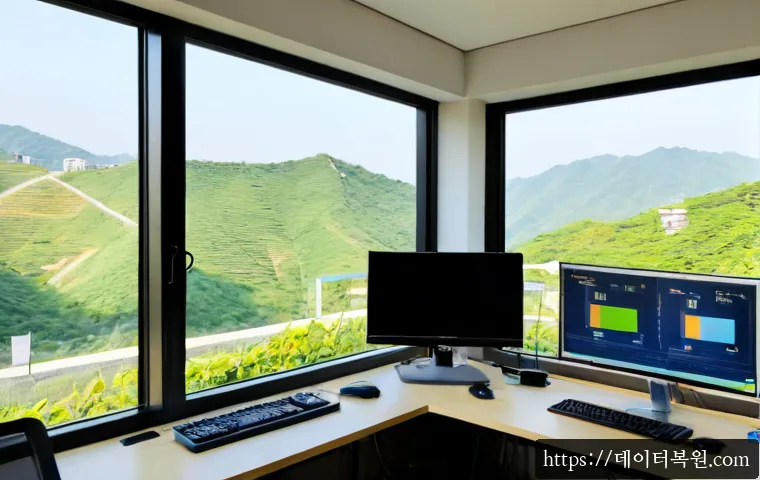 홍제동 BAD_POOL_CALLER - Photorealistic IT support workstation in a Hongje-dong apartment office, dual monitors showing abstr...