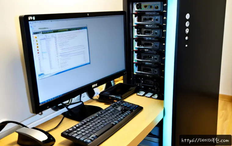 원남동 부팅안됨 - Photorealistic PC repair workstation in a compact Wonam-dong office, desktop tower opened beside a d...