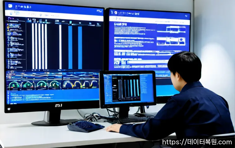 충정로 NDIS_INTERNAL_ERROR - Photorealistic IT support workstation in a compact modern office near a Seoul transit district, dual...