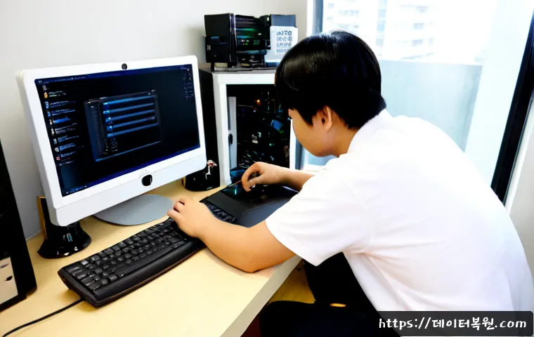 가양동 조립컴퓨터 pc 출장판매설치 - Photorealistic compact home office in Gayang-dong, Seoul, a technician carefully assembling a high-p...